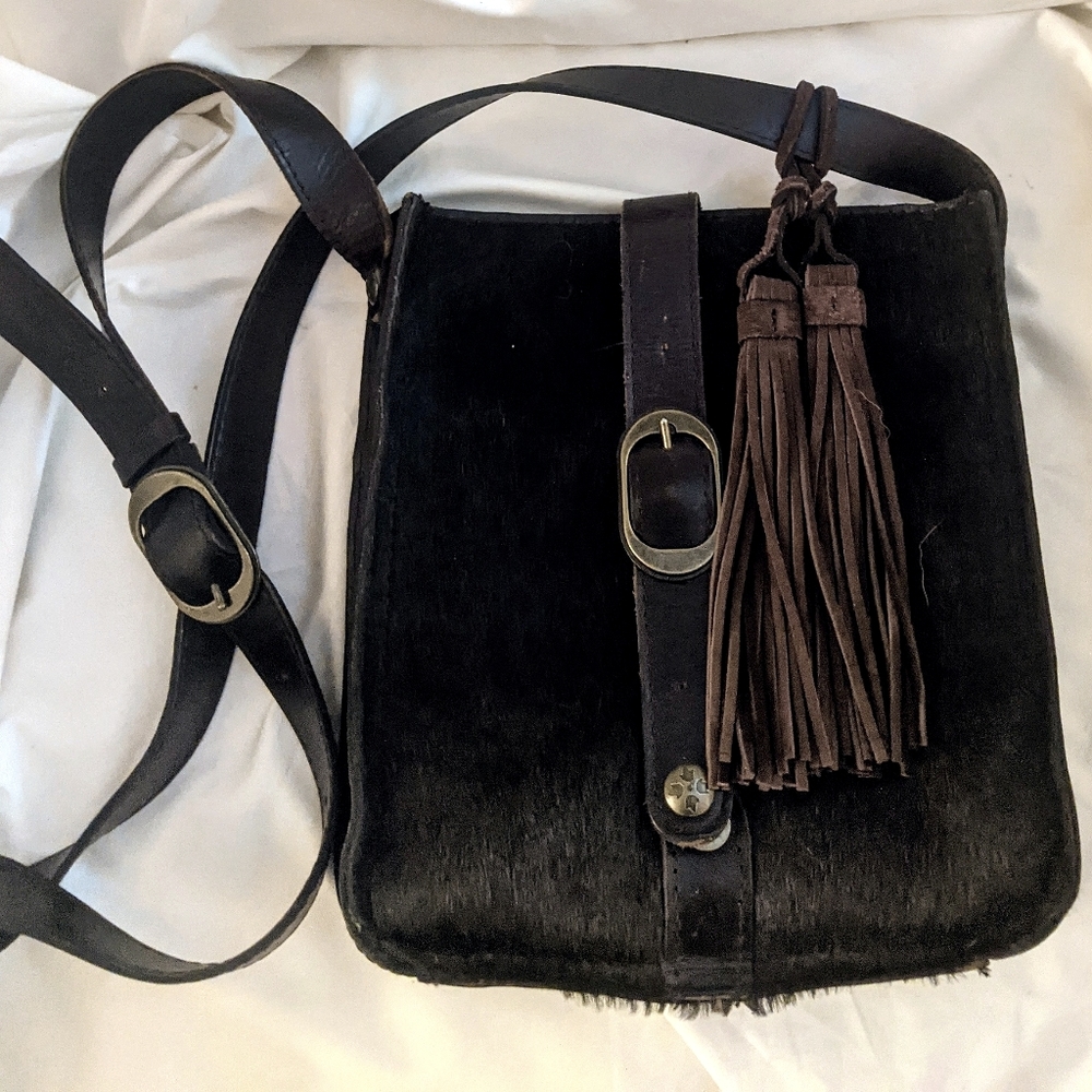 Patricia Nash crossbody, cow hair, tassels, super
